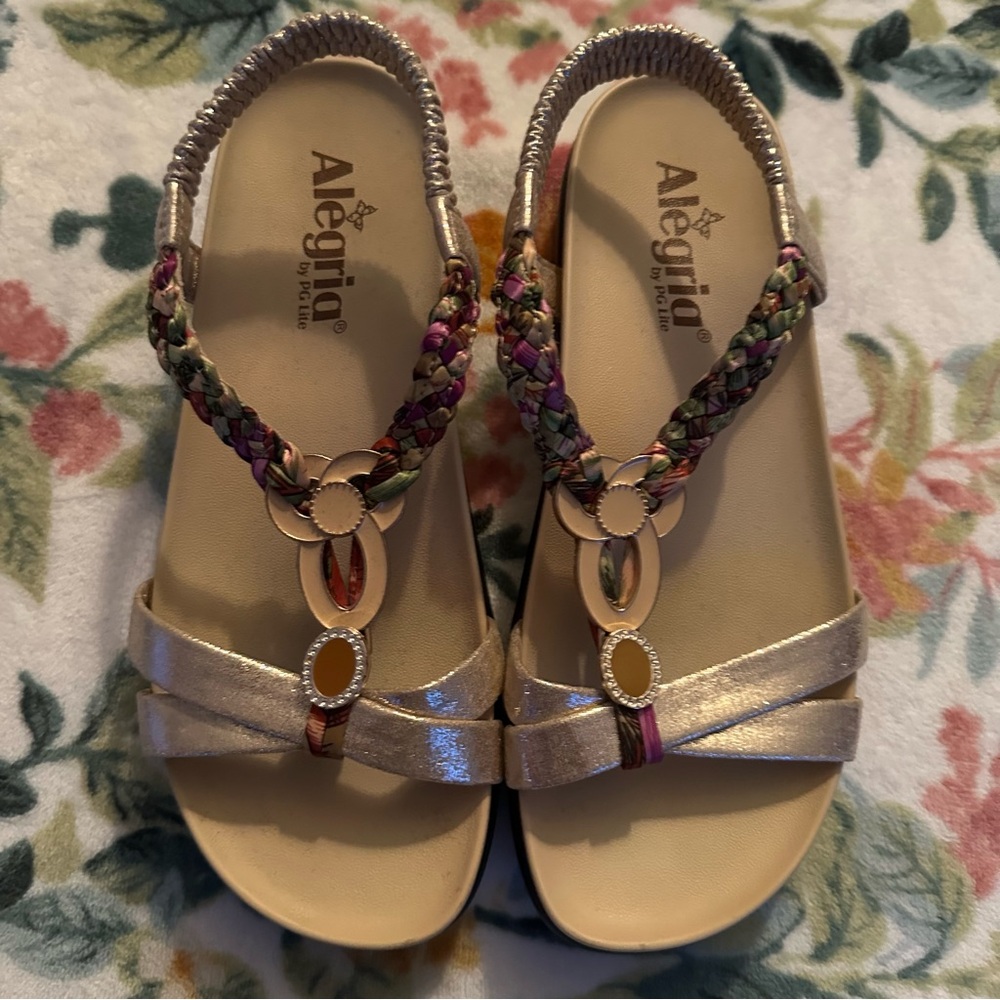 Alegria Braided Rose Gold Multicolored Wedge Sandals Size 37
